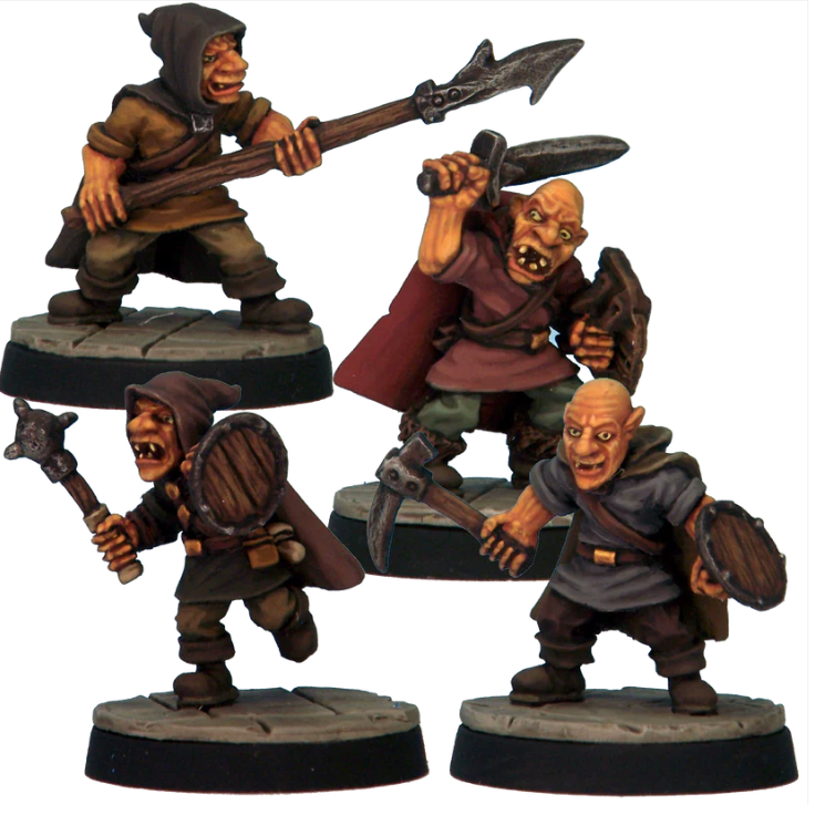 Goblin Warriors 1 by Crooked Dice, a pack of four white metal miniatures for your tabletop games representing characterful goblins in various clothing carrying various weapons including a sword, a polearm and an axe