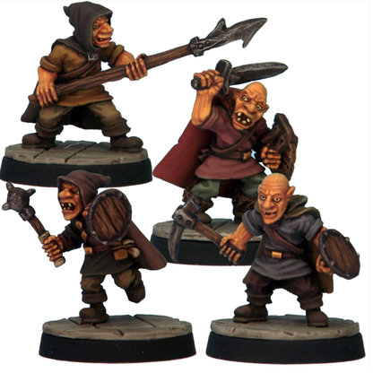 Goblin Warriors 1 by Crooked Dice, a pack of four white metal miniatures for your tabletop games representing characterful goblins in various clothing carrying various weapons including a sword, a polearm and an axe