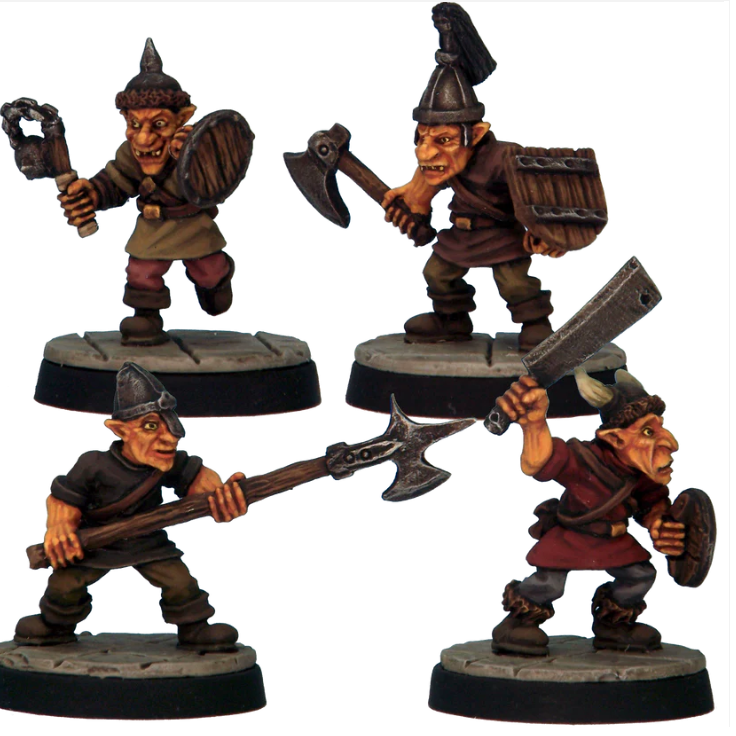 Goblin Warriors 2 by Crooked Dice, a pack of four white metal miniatures for your tabletop games representing characterful goblins in various clothing. These short, wicked and leathery skinned foot soldiers are carrying various weapons including a polearm, flail and an axe