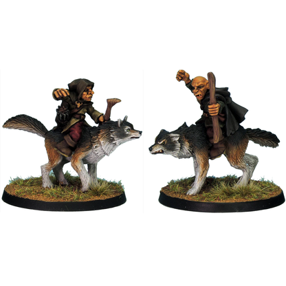 Goblin Wolf Rider Archers by Crooked Dice, a pack of two white metal miniatures for your tabletop games representing goblins wearing cloaks, holding bows riding wolves
