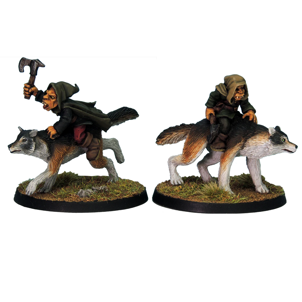 Goblin Wolf Rider Axes by Crooked Dice, a pack of two white metal miniatures for your tabletop games representing goblins wearing cloaks, holding axes riding wolves