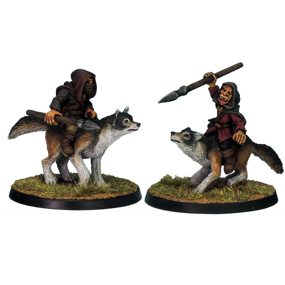 Goblin Wolf Rider Spears by Crooked Dice, a pack of two white metal miniatures for your tabletop games representing goblins wearing cloaks, holding spears riding wolves