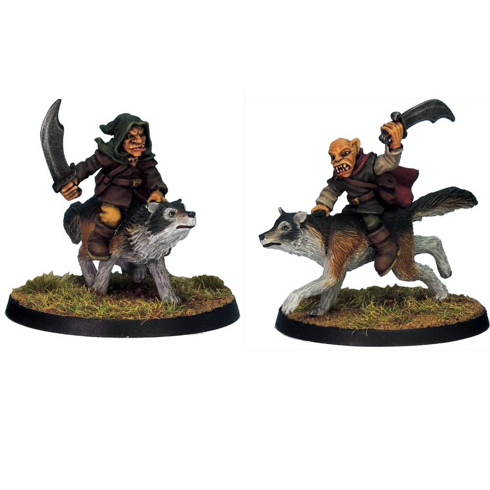 Goblin Wolf Rider Swords by Crooked Dice, a pack of two white metal miniatures for your tabletop games representing goblins wearing cloaks, holding swords riding wolves