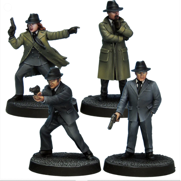 Government Agents by Crooked Dice, a pack of four white metal miniatures for your tabletop games representing trilby donning, suit wearing agents with guns
