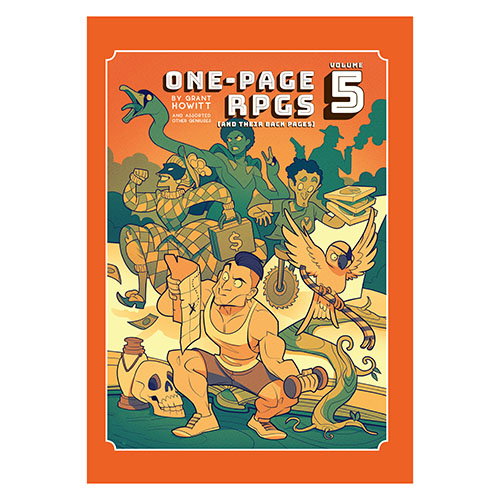 Book cover of 'One-Page RPGs Volume 5' with colourful illustration of characters and creatures on an orange border. Grant Howitt's One-Page RPGs Volume 5