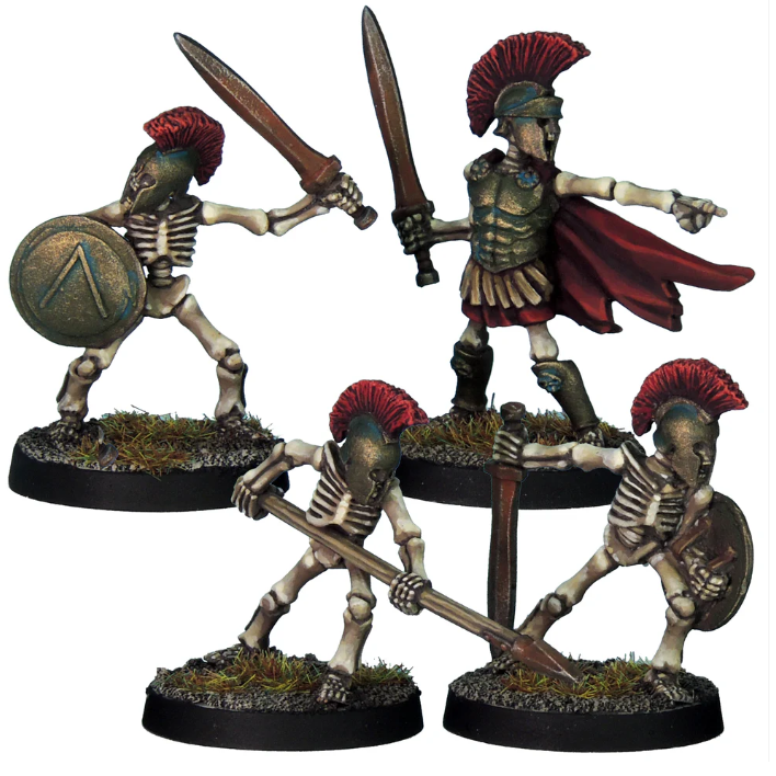Greek Skeletons miniatures set by Crooked Dice features four detailed metal miniatures, ideal for tabletop gaming and RPGs, provided unpainted and ready for customisation.