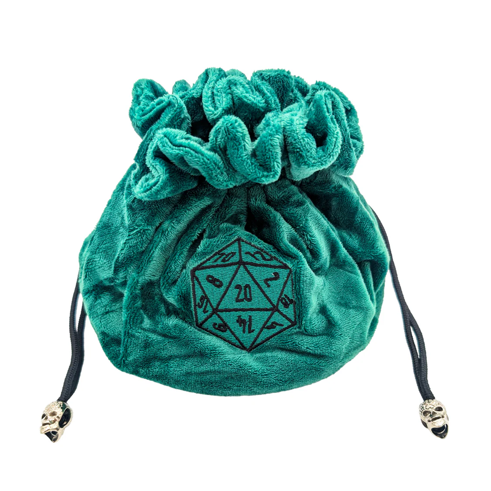 Teal velvet dice bag with a D20 die design on a white background. Green Large Dice Sack