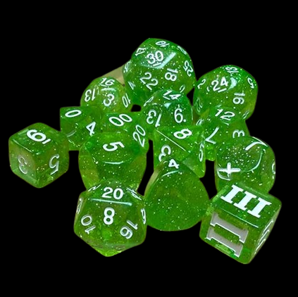 Greenstone Shard Purple Planet Dice complete 14-set for Dungeon Crawl Classics RPG, featuring translucent emerald colour with glitter detail and white numbers.