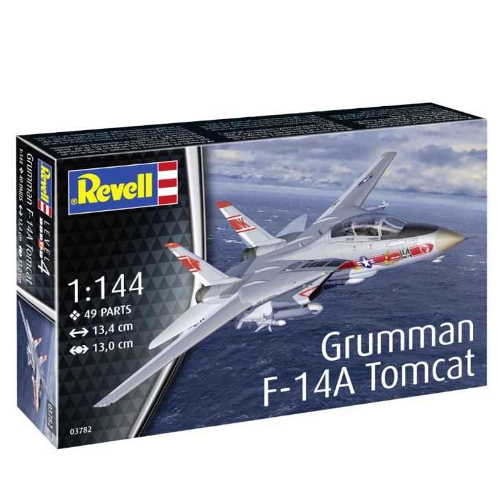 Grumman F-14 A Tomcat scale model by Revell (No. 03782) is a 1:144 plastic kit with 49 parts, featuring a VF-1 decal scheme, ideal for skilled model builders.