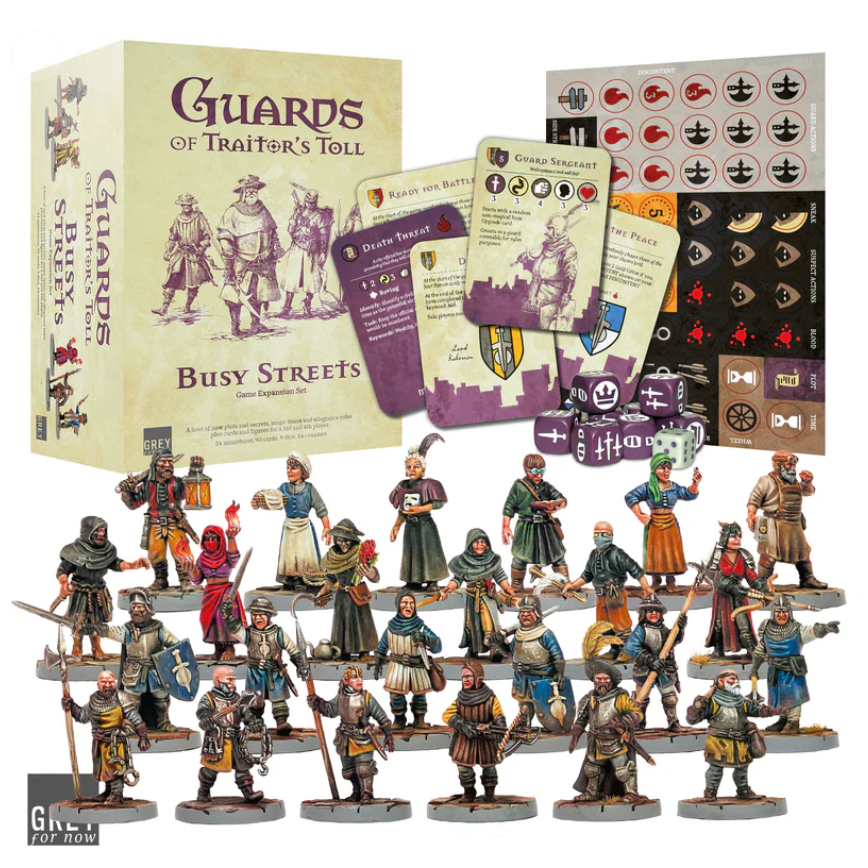Guards of Traitor's Toll Busy Streets Expansion Set. Includes 24 miniatures, 90 cards, dice, and counters. Adds magic items, patrons, and sergeants for expanded play.
