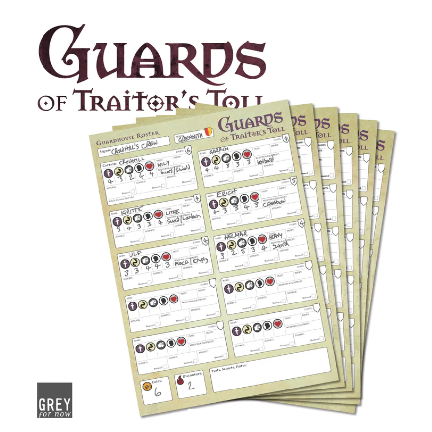 Guards of Traitor's Toll Guardhouse Roster. Includes 40 sheets for tracking guards' stats, traits, and equipment. Starter Set required to play. 
