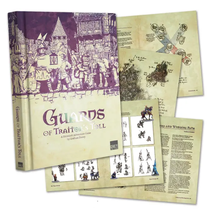 Game book titled 'Guards of Traitor's Toll' with illustrations and maps on a white background