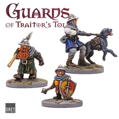 Guards of Traitor’s Toll: New Recruits. Three miniature figures from 'Guards of Traitor's Toll' with a dog on a white background.