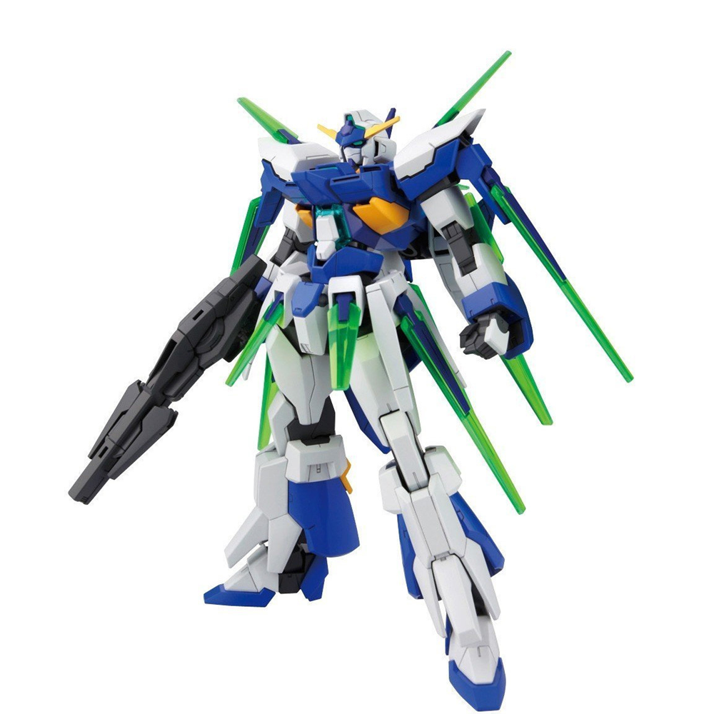 A Gundam-style mecha action figure or model kit shown standing on a plain white background. The figure is primarily white and blue with green accents and black weapon details. Gundam AGE-FX