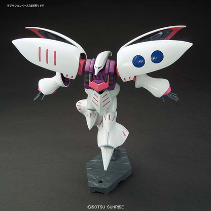 Gundam AMX-004 Qubeley Model kit of a robot with white, purple, and blue design on a dark background