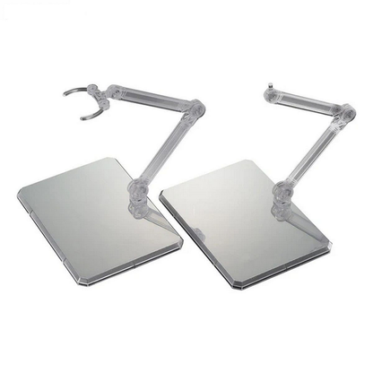 Gundam Action Base 6 Clear Mirror Stickers Set. Two adjustable desk lamps with clear arms on a white background