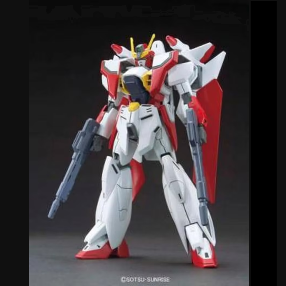 High Grade After War Gundam Airmaster from After War Gundam X. Model kit of a robot with red and white colours on a black background