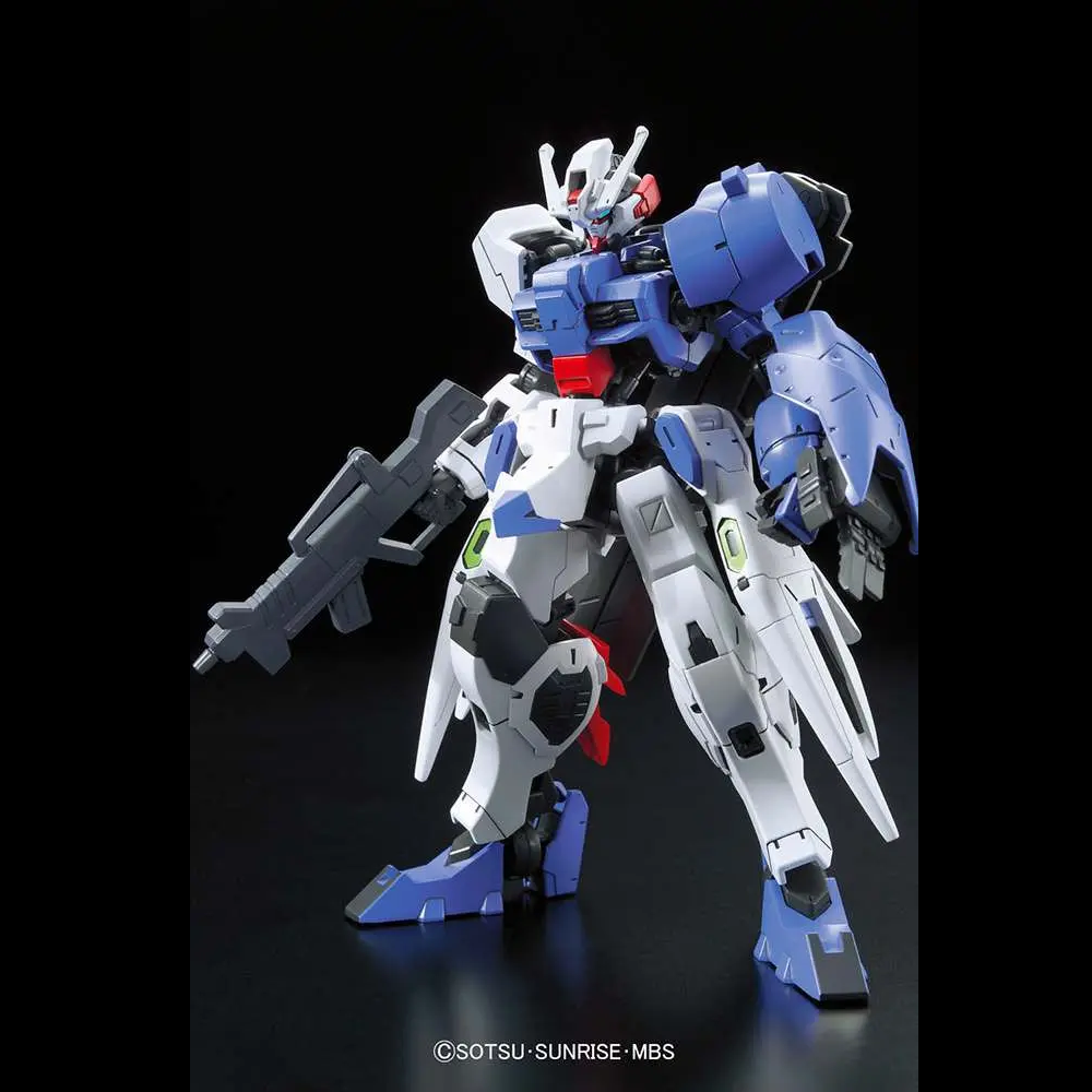 A detailed plastic model of a Gundam mecha robot, primarily white and blue with black, gray, and red accents, posed dynamically against a black background. Astaroth 
