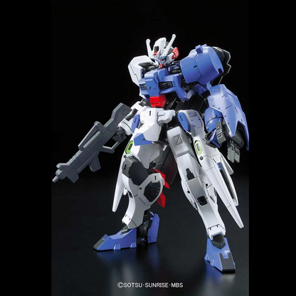A detailed plastic model of a Gundam mecha robot, primarily white and blue with black, gray, and red accents, posed dynamically against a black background. Astaroth 