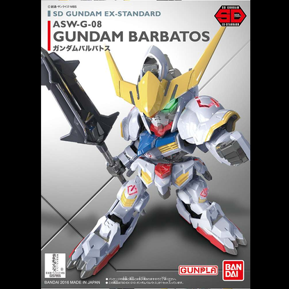 Gundam Barbatos, SD Gundam EX Standard ASW G-08 model kit by Bandai, featuring coloured plastic parts and accessories, ideal for dynamic poses and collection display.
