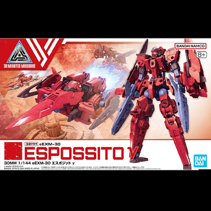 Box art for 30MM EEXM-30 Espossito Y, a 1/144 scale posable Gunpla with wing rifle, double barrel rifle, and transformable modes. Snap-fit model kit by Bandai