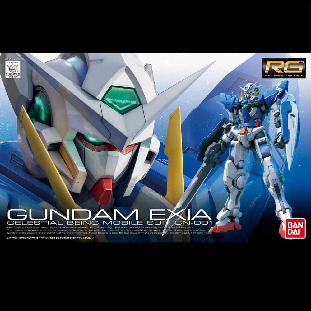 Box art of Gundam Exia GN-001, a 1/144 scale model from Gundam 00. Includes dynamic features and iconic design. Unpainted Gunpla by Bandai.