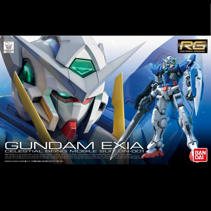 Box art of Gundam Exia GN-001, a 1/144 scale model from Gundam 00. Includes dynamic features and iconic design. Unpainted Gunpla by Bandai.