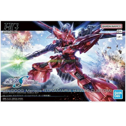 HG 1/144 scale Gundam model kit of Gelgoog Menace with coloured plastic parts, large shoulder armour, winged backpack and missile launchers in striking detail.