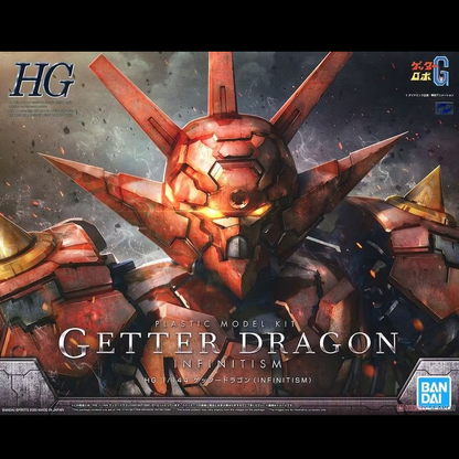 A 1/144 scale Gundam plastic model kit of Getter Dragon Infinitism, approximately 16 cm tall, featuring posable design, engraved spin cutters, and clear cockpit parts.