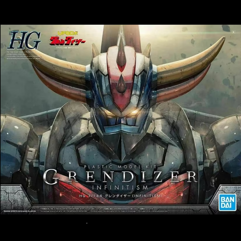 A 1/144 scale Gundam plastic model kit of Grendizer Infinitism, featuring KPS joints, Double Harken weapon, Double Spazer for aerial poses, and clear radiation plate.