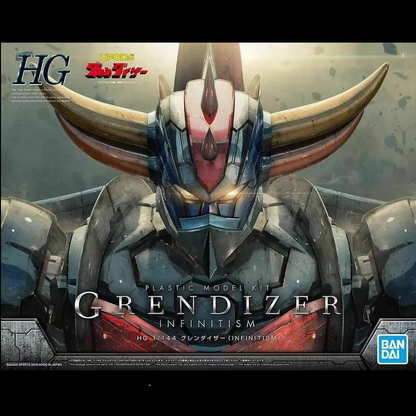 A 1/144 scale Gundam plastic model kit of Grendizer Infinitism, featuring KPS joints, Double Harken weapon, Double Spazer for aerial poses, and clear radiation plate.