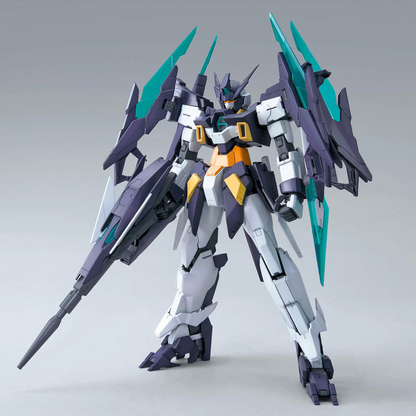 Model kit of a robot with purple, white, and teal colours on a grey background. Gundam AGEII Magnum 