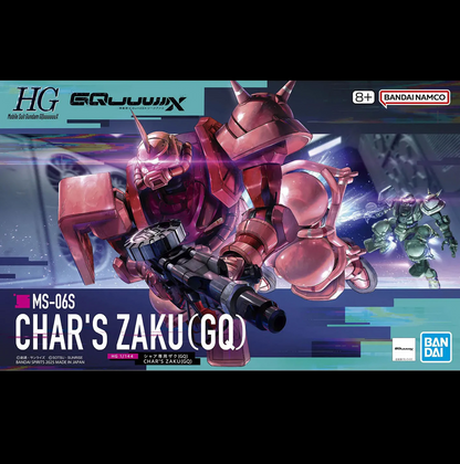Bandai Namco HG Build-A-Figure box art for Char's Zaku (GO), model MS-06S, featuring a pink and red mecha robot illustration on a stylized blue and purple background. HG MS-06S Char's Zaku GQ Gundam 
