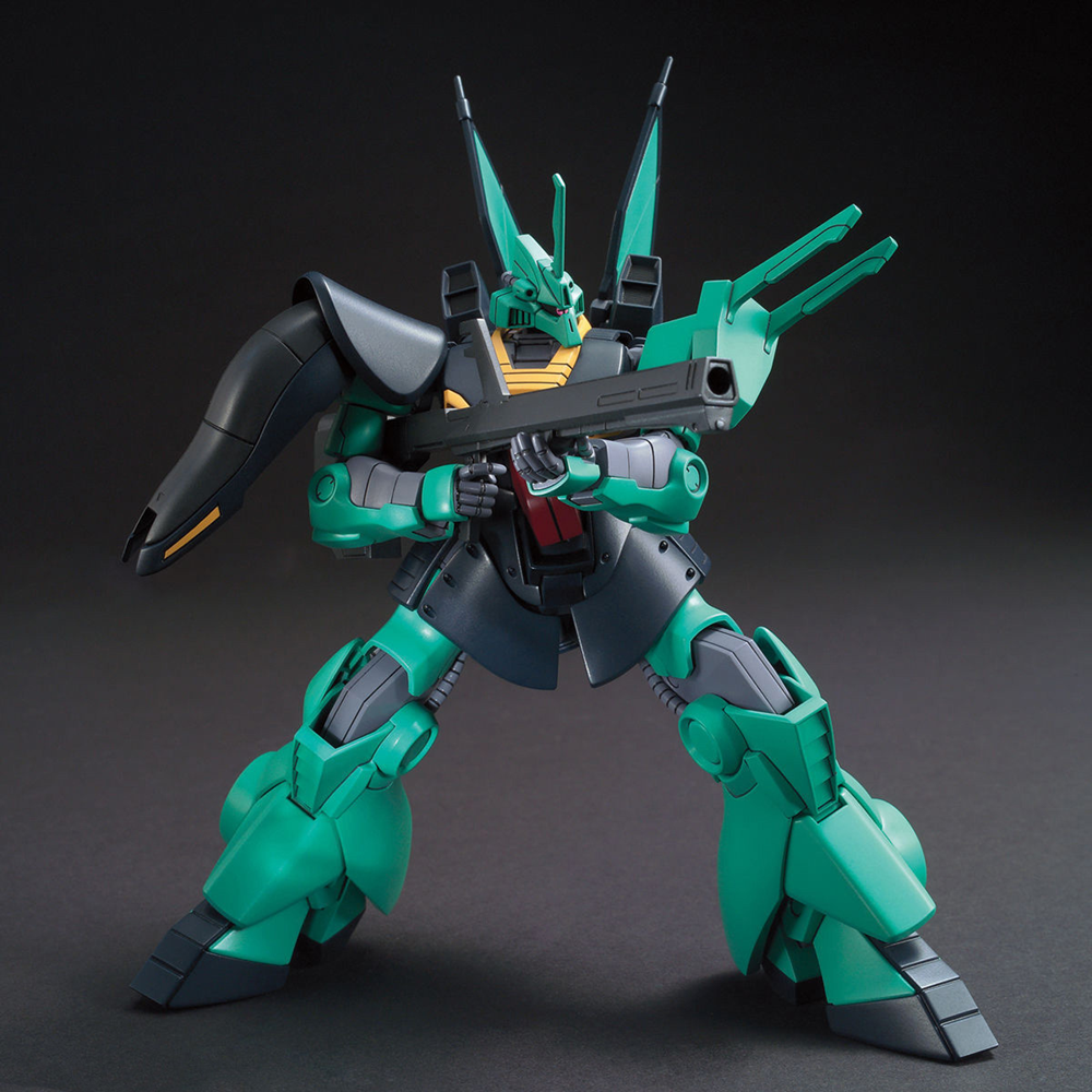 A detailed plastic model of a green and black mecha robot holding a rifle, set against a dark gray studio background. MSK-008 Dijeh Karaba Prototype