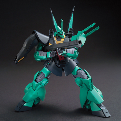 A detailed plastic model of a green and black mecha robot holding a rifle, set against a dark gray studio background. MSK-008 Dijeh Karaba Prototype
