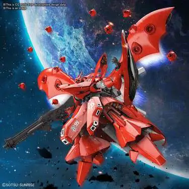 Red robot model against a space-themed background. Gundam MSN-04II Nightingale