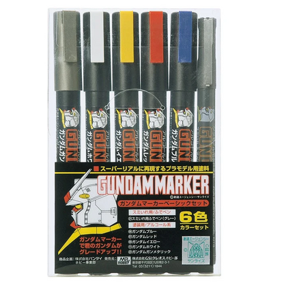 Pack of Gundam markers with various colours on a white background. Gundam Marker Basic Set