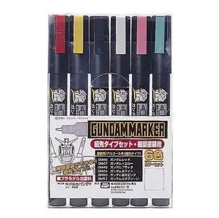 A set of six GUNDAM MARK-1 marker pens in a clear plastic case with a white and black label, featuring various paint colours on the barrels. Gundam Marker Fine Edge Set 1