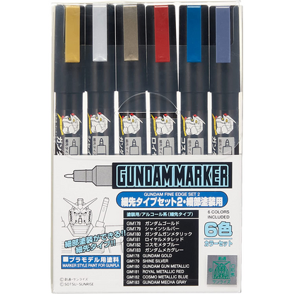 Set of Gundam markers with visible colours and branding on packaging. Gundam Marker Fine Edge Set 2