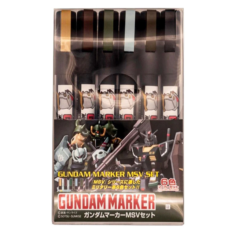 Gundam Marker MSV Set packaging with illustrations of robots and markers. Gundam Marker MSV Set