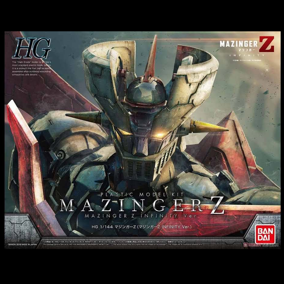 A 1/144 scale plastic model kit of Mazinger Z Infinity, approximately 17.5 cm tall, featuring KPS joints, Iron Cutter, Rocket Punch parts, and articulated Hover Pilder wings.