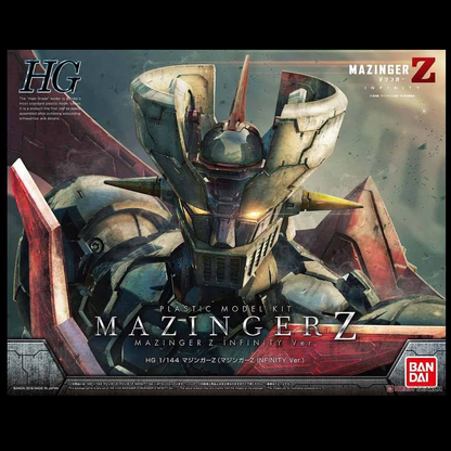 A 1/144 scale plastic model kit of Mazinger Z Infinity, approximately 17.5 cm tall, featuring KPS joints, Iron Cutter, Rocket Punch parts, and articulated Hover Pilder wings.