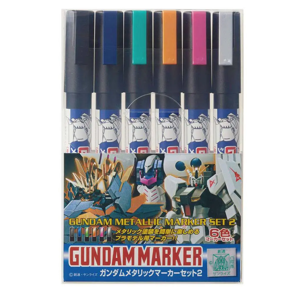 Gundam Metallric Marker Set 2 featuring 6 metallic ballpoint markers in black, blue, teal, orange, pink, and gray, packaged in a clear plastic case with a colorful Gundam-themed cardboard insert. Gundam Metallic Marker Set 2