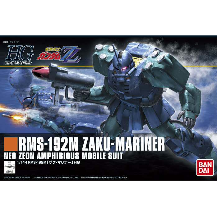 RMS-192M Zaku Mariner model kit featuring 1/144 scale, coloured plastic, weapons from the series, marking stickers, and posable design, showcasing intricate details of the amphibious mobile suit.