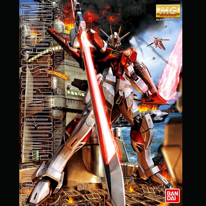 Box art for MG Gundam Sword Impulse Gunpla, featuring dynamic poseability, beam effects, and iconic weaponry. 1/100 scale plastic model kit from Gundam SEED Destiny.