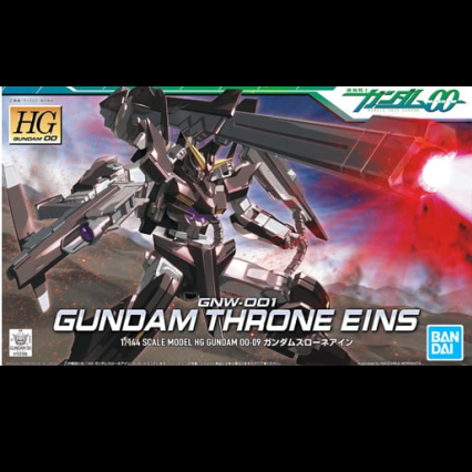 Box art for Gundam Throne Eins HG 00-09, featuring a foldable GN Launcher, double-jointed knees, movable antenna, and GN beam sabers. 1/144 scale Gunpla kit.