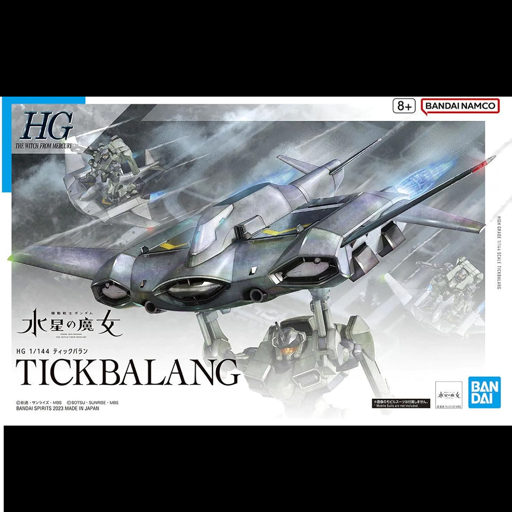 Box art for Tickbalang, a 1/144 scale model kit featuring deployable grips, opening hatches, movable landing gear, and dynamic details. Unpainted and requires assembly.