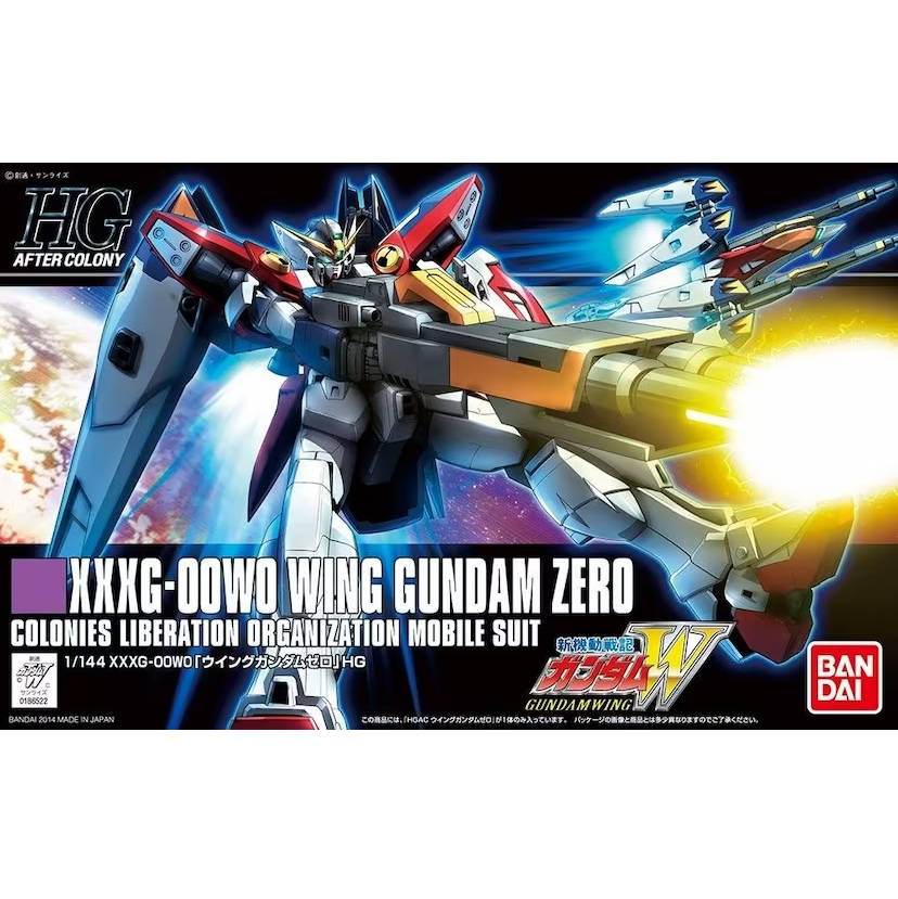 HG 1/144 scale plastic Gundam model kit of wing gundam zero XXG-00W0 in coloured plastic with poseable limbs, beam weapons and shield accessories.