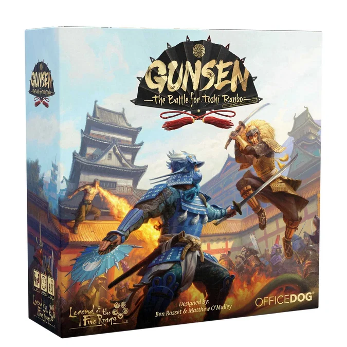 Board game box for 'Gunsen: The Battle for Toshi Rondo' with two samurai figures on a colourful background. Gunsen The Battle for Toshi Ranbo Legend of the Five Rings board game