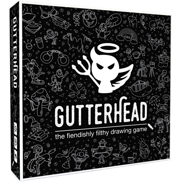 Gutterhead adult party game with filthy drawing, charades, dice, cards, and turd-shaped pieces. Suitable for 17+, 4–16 players, UK-designed humour.
